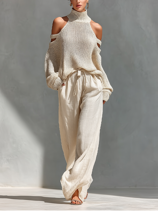 Beige Off-Shoulder Knit Top & Wide-Leg Trouser Set