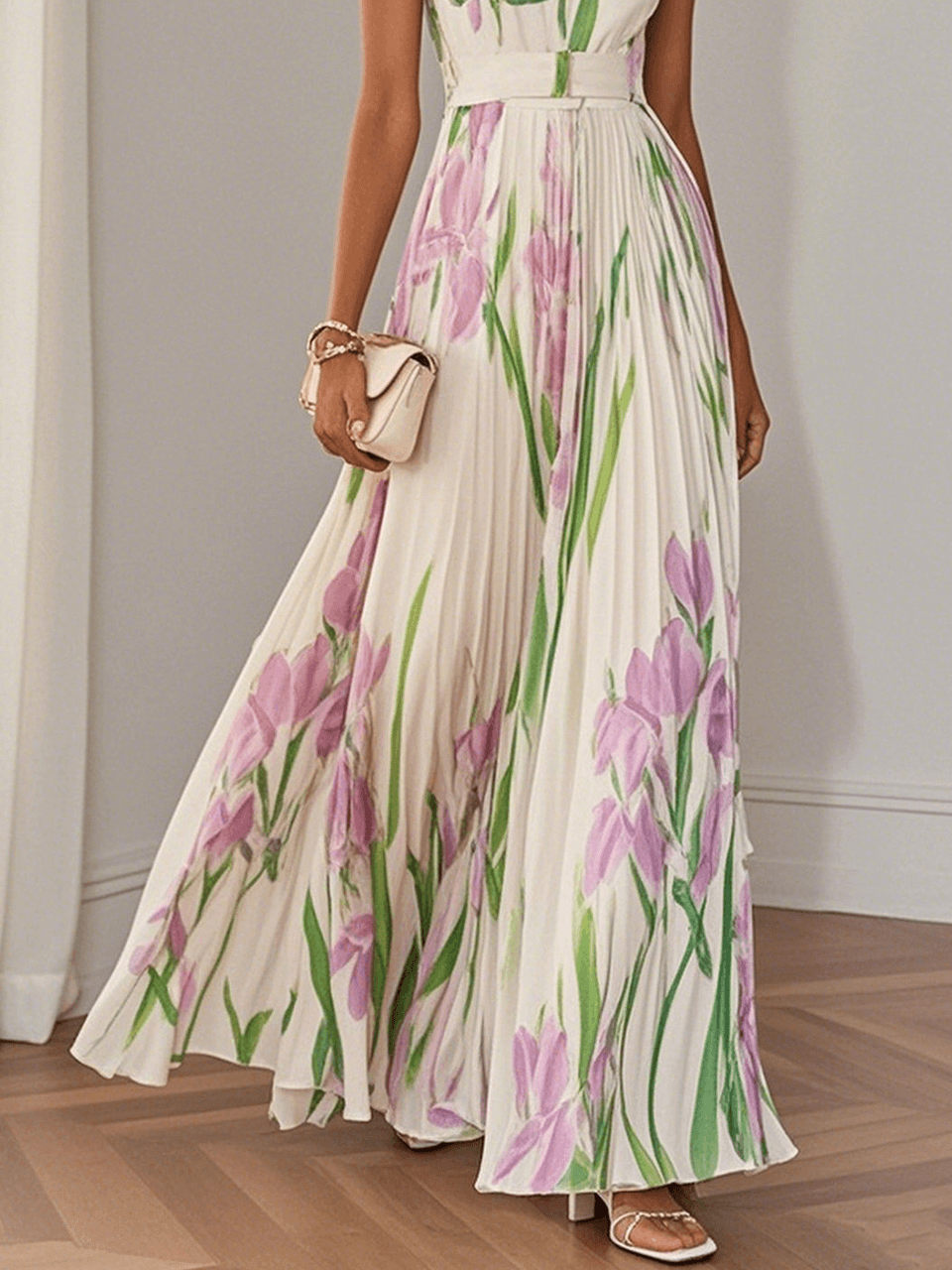 White Floral Pleated Chiffon Square-Neck Maxi Dress