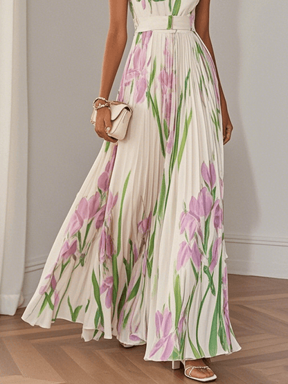 White Floral Pleated Chiffon Square-Neck Maxi Dress