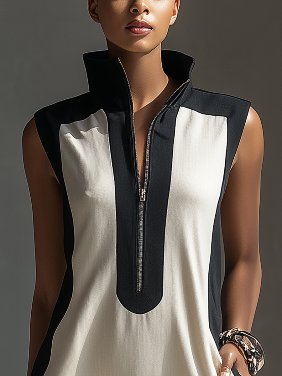 Black & White Two-Tone Half-Zip Mini Dress