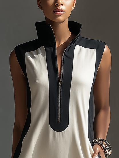 Black & White Two-Tone Half-Zip Mini Dress