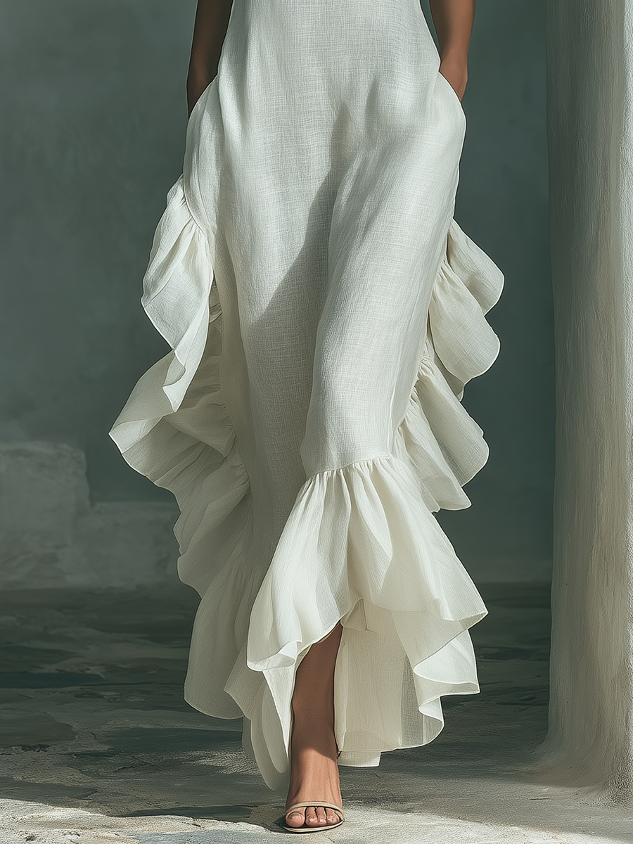 Ivory Sleeveless Linen Maxi Dress with Ruffle Hem