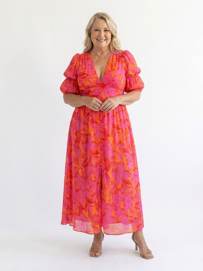 Daisy – Floral V-Neck Puff Sleeve Midi Dress