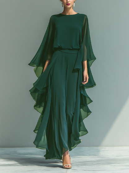 Navy Chiffon Bell-Sleeve Top & Straight-Leg Trouser Set