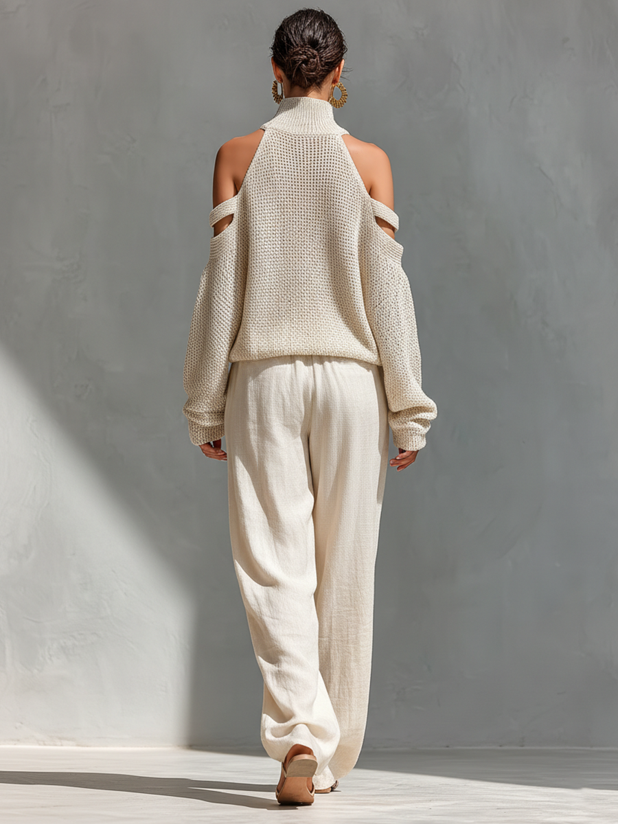 Beige Off-Shoulder Knit Top & Wide-Leg Trouser Set