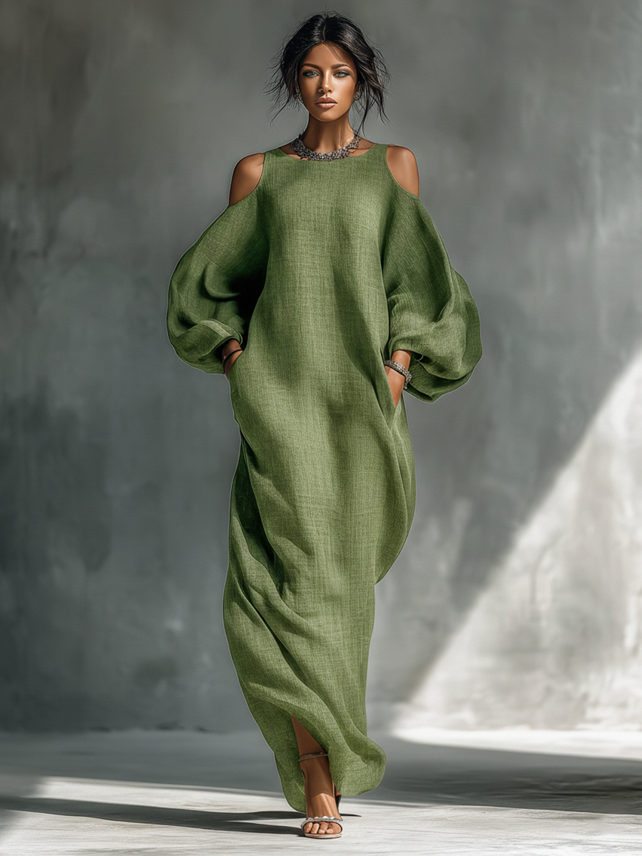 Light Green Off-Shoulder Maxi Dress with Puff Sleeves & Pockets