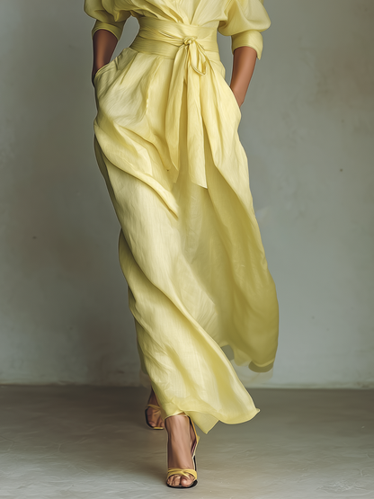 Lemon Yellow Cotton-Linen Maxi Shirt Dress with Tie Belt