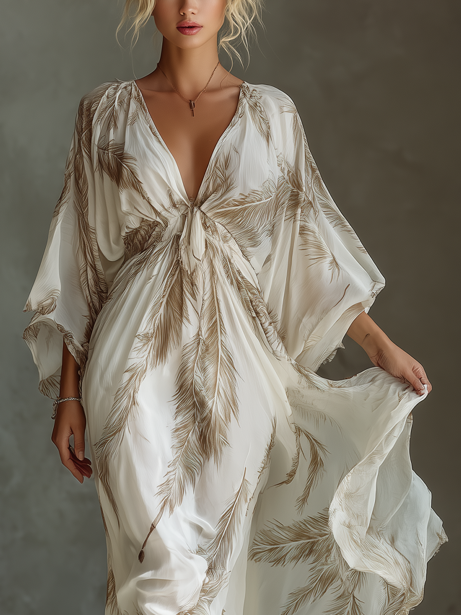 Ivory & Taupe Palm Print Chiffon Maxi Dress