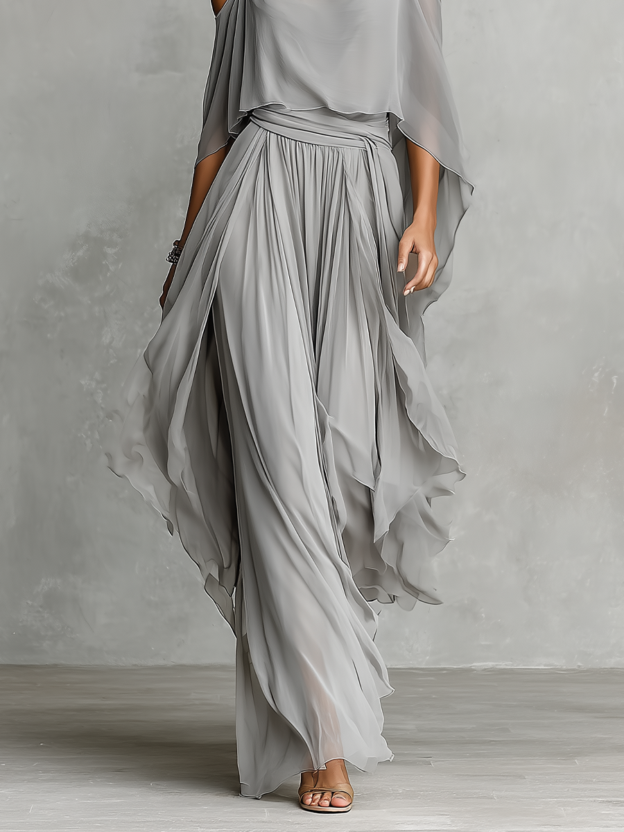 Grey Chiffon Off-Shoulder Flared Set