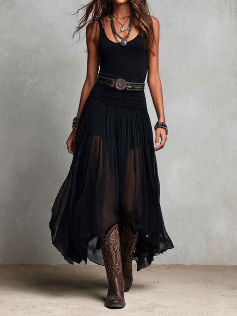 Black Boho Western Stretch Maxi Dress with Sheer Skirt