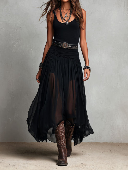 Black Boho Western Stretch Maxi Dress with Sheer Skirt