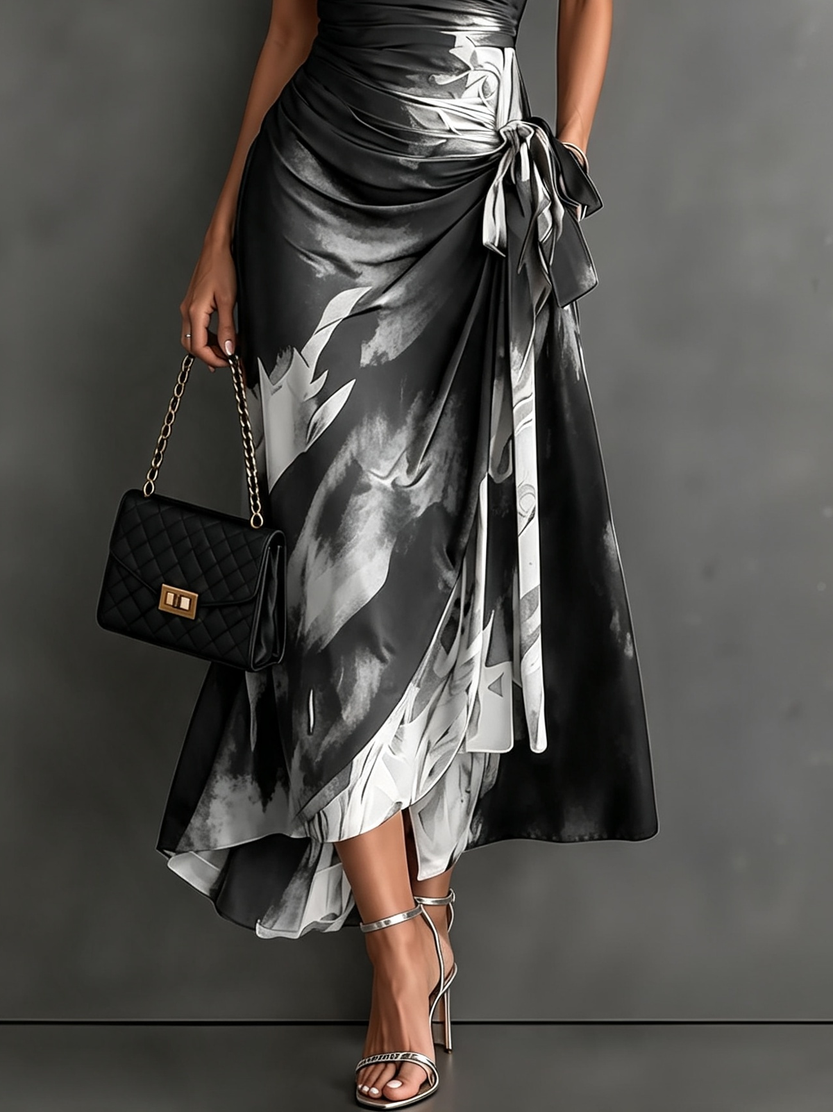 Red Black Abstract Print Wrap Midi Dress Collared V Neck Short Sleeve Tie Waist Ruffled High‑Low Hem Dress.