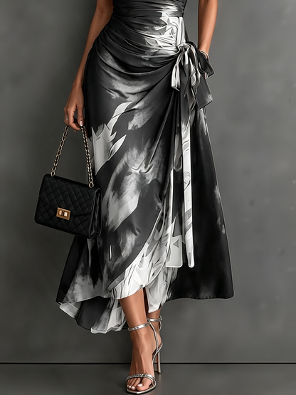 Red Black Abstract Print Wrap Midi Dress Collared V Neck Short Sleeve Tie Waist Ruffled High‑Low Hem Dress.