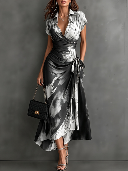 Red Black Abstract Print Wrap Midi Dress Collared V Neck Short Sleeve Tie Waist Ruffled High‑Low Hem Dress.