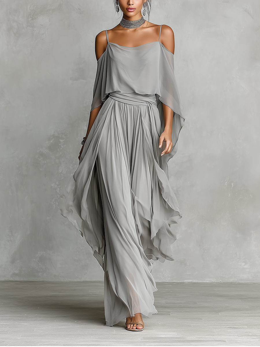 Grey Chiffon Off-Shoulder Flared Set