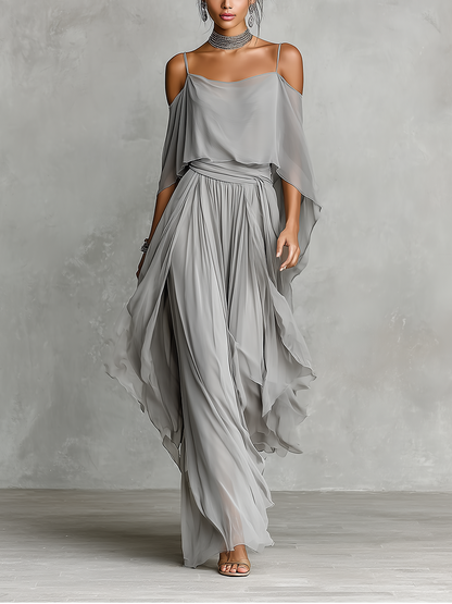 Grey Chiffon Off-Shoulder Flared Set