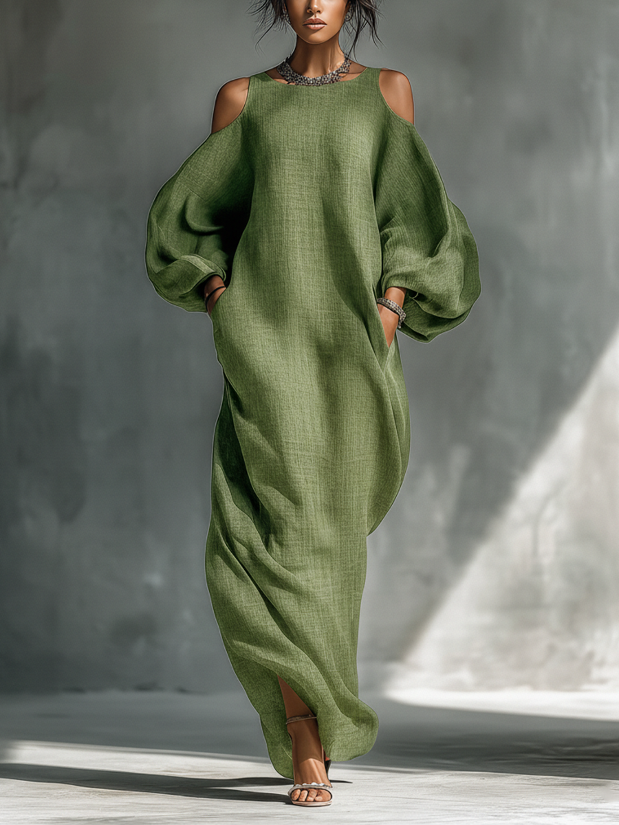 Light Green Off-Shoulder Maxi Dress with Puff Sleeves & Pockets