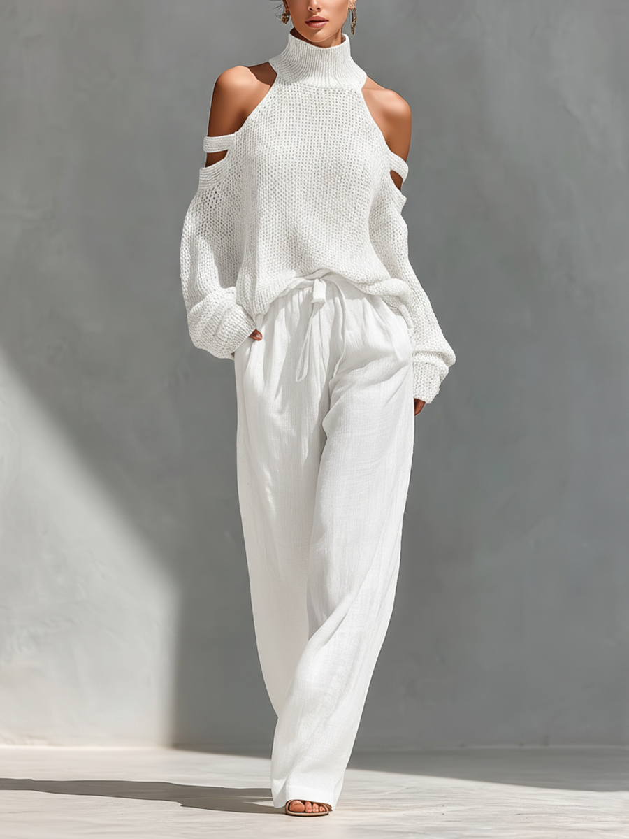 Beige Off-Shoulder Knit Top & Wide-Leg Trouser Set