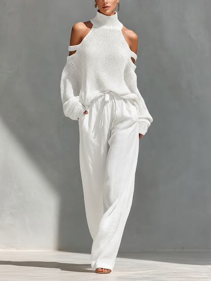 Beige Off-Shoulder Knit Top & Wide-Leg Trouser Set