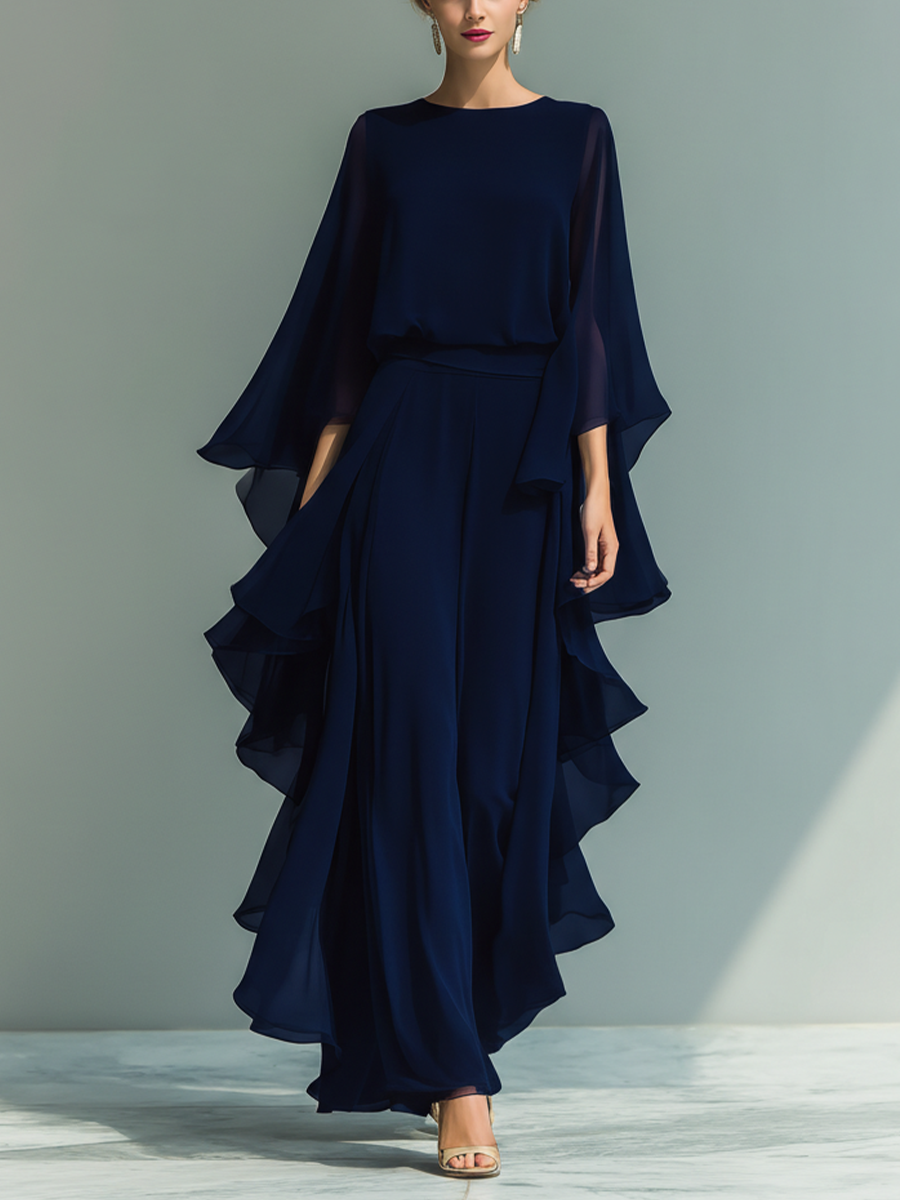 Navy Chiffon Bell-Sleeve Top & Straight-Leg Trouser Set