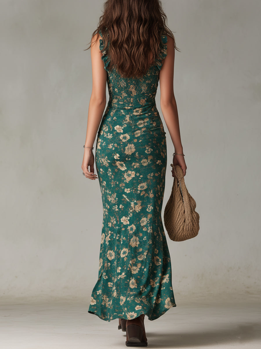 Retro Boho Ruffle-Sleeve Maxi Dress with High Split