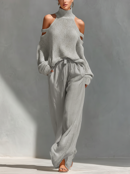 Beige Off-Shoulder Knit Top & Wide-Leg Trouser Set