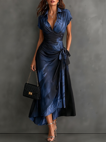 Red Black Abstract Print Wrap Midi Dress Collared V Neck Short Sleeve Tie Waist Ruffled High‑Low Hem Dress.