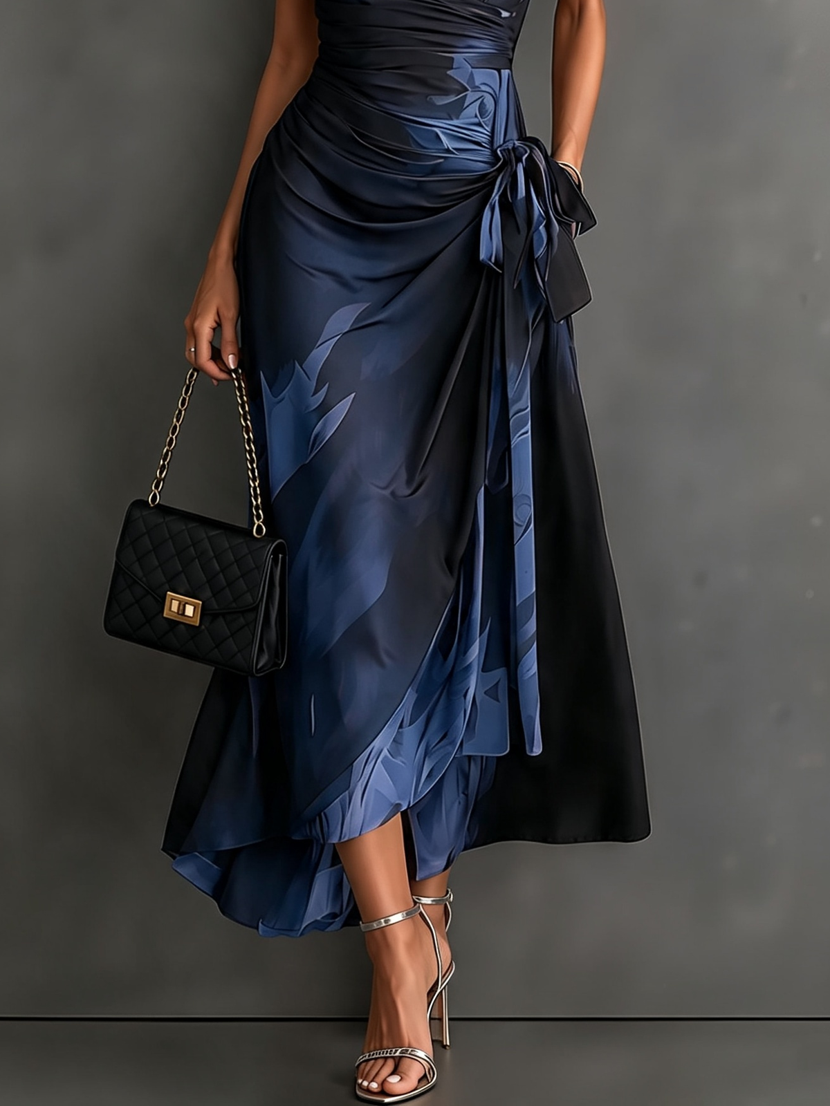 Red Black Abstract Print Wrap Midi Dress Collared V Neck Short Sleeve Tie Waist Ruffled High‑Low Hem Dress.
