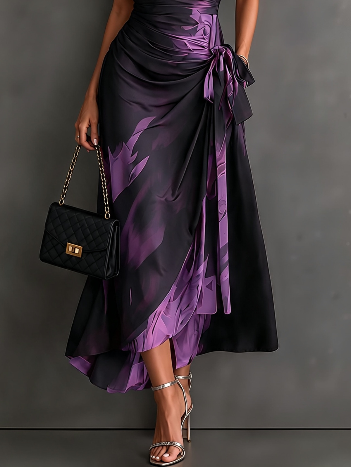 Red Black Abstract Print Wrap Midi Dress Collared V Neck Short Sleeve Tie Waist Ruffled High‑Low Hem Dress.