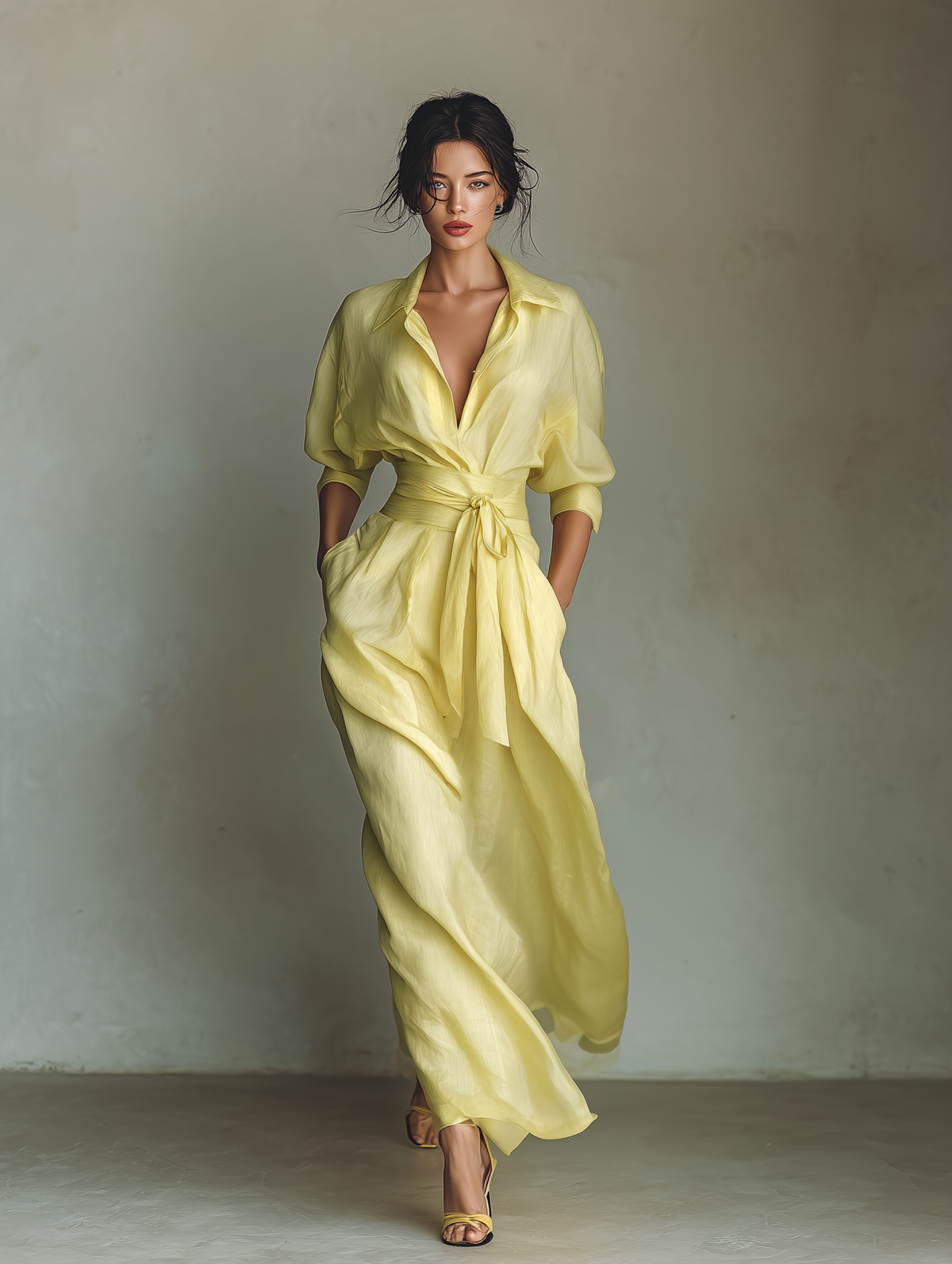 Lemon Yellow Cotton-Linen Maxi Shirt Dress with Tie Belt