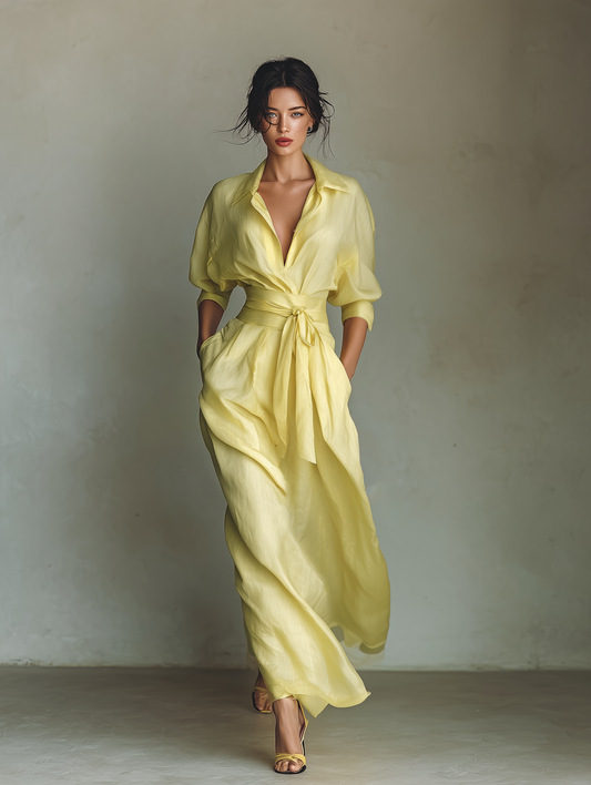 Lemon Yellow Cotton-Linen Maxi Shirt Dress with Tie Belt