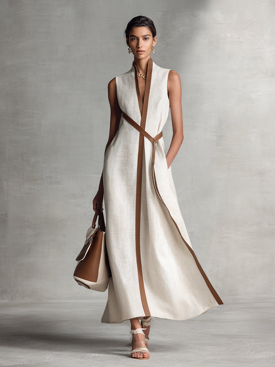 Sleeveless Cotton-Linen V-Neck Maxi Dress with Tie Belt