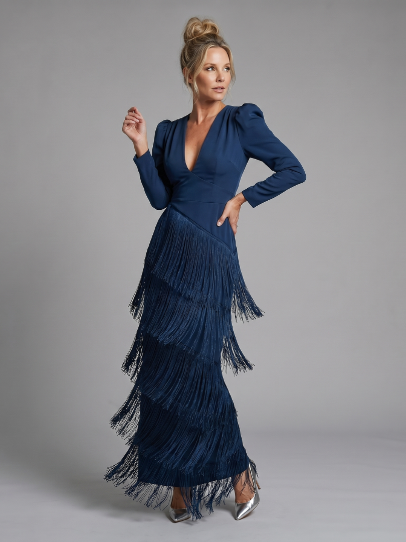 Fiona – Long Sleeve Fringe Skirt Midi Dress