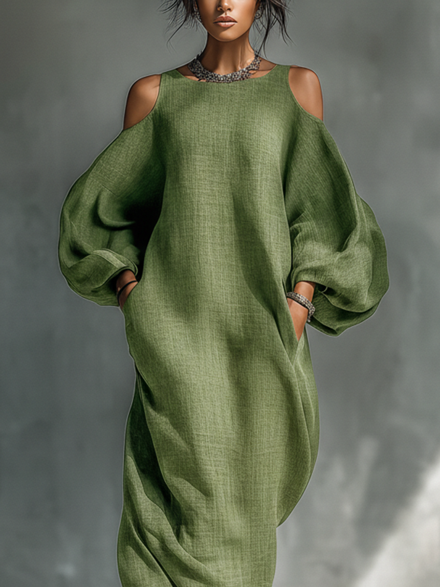 Light Green Off-Shoulder Maxi Dress with Puff Sleeves & Pockets