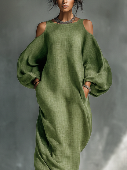 Light Green Off-Shoulder Maxi Dress with Puff Sleeves & Pockets