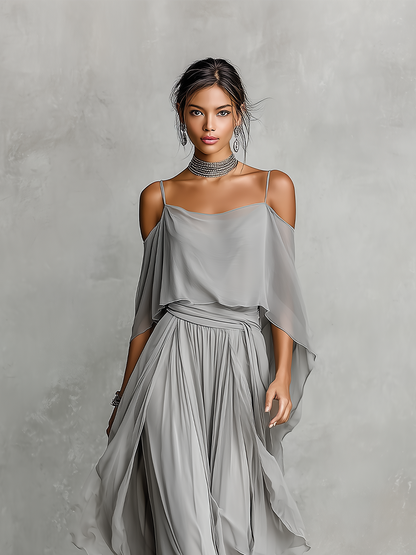 Grey Chiffon Off-Shoulder Flared Set