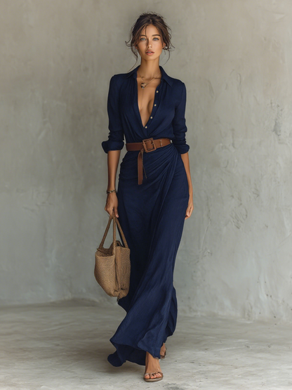 Cotton-Tencel Long-Sleeve Lapel Maxi Dress