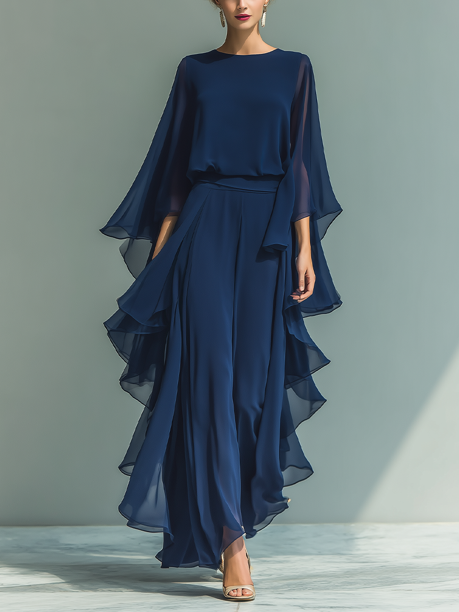 Navy Chiffon Bell-Sleeve Top & Straight-Leg Trouser Set