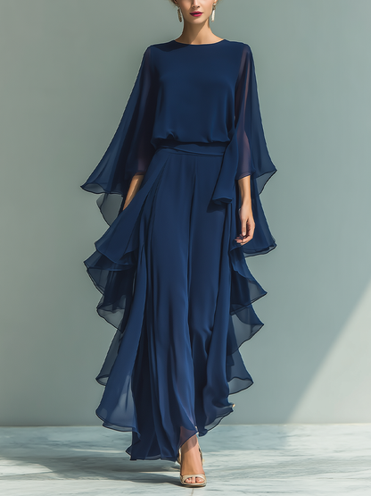 Navy Chiffon Bell-Sleeve Top & Straight-Leg Trouser Set