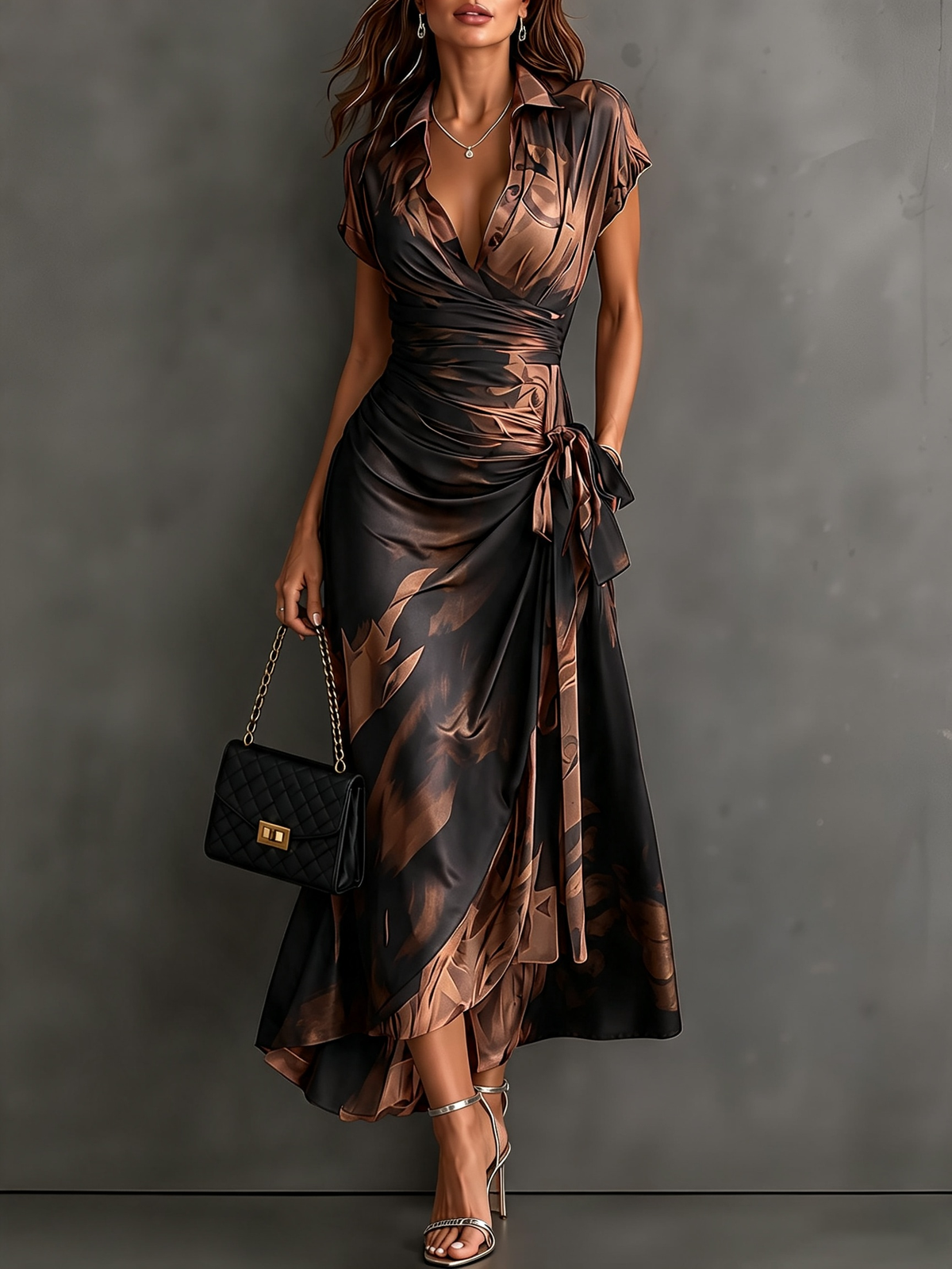 Red Black Abstract Print Wrap Midi Dress Collared V Neck Short Sleeve Tie Waist Ruffled High‑Low Hem Dress.