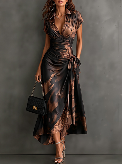 Brown Black Abstract Print Wrap Midi Dress Collared V Neck Short Sleeve Tie Waist Ruffled High‑Low Hem Dress.