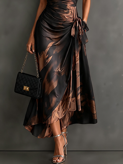 Brown Black Abstract Print Wrap Midi Dress Collared V Neck Short Sleeve Tie Waist Ruffled High‑Low Hem Dress.