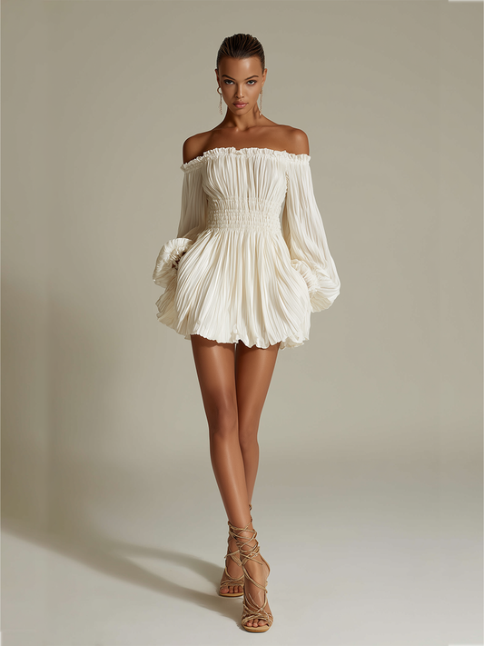 Ivory Pleated Bardot Dress with Gathered Waist