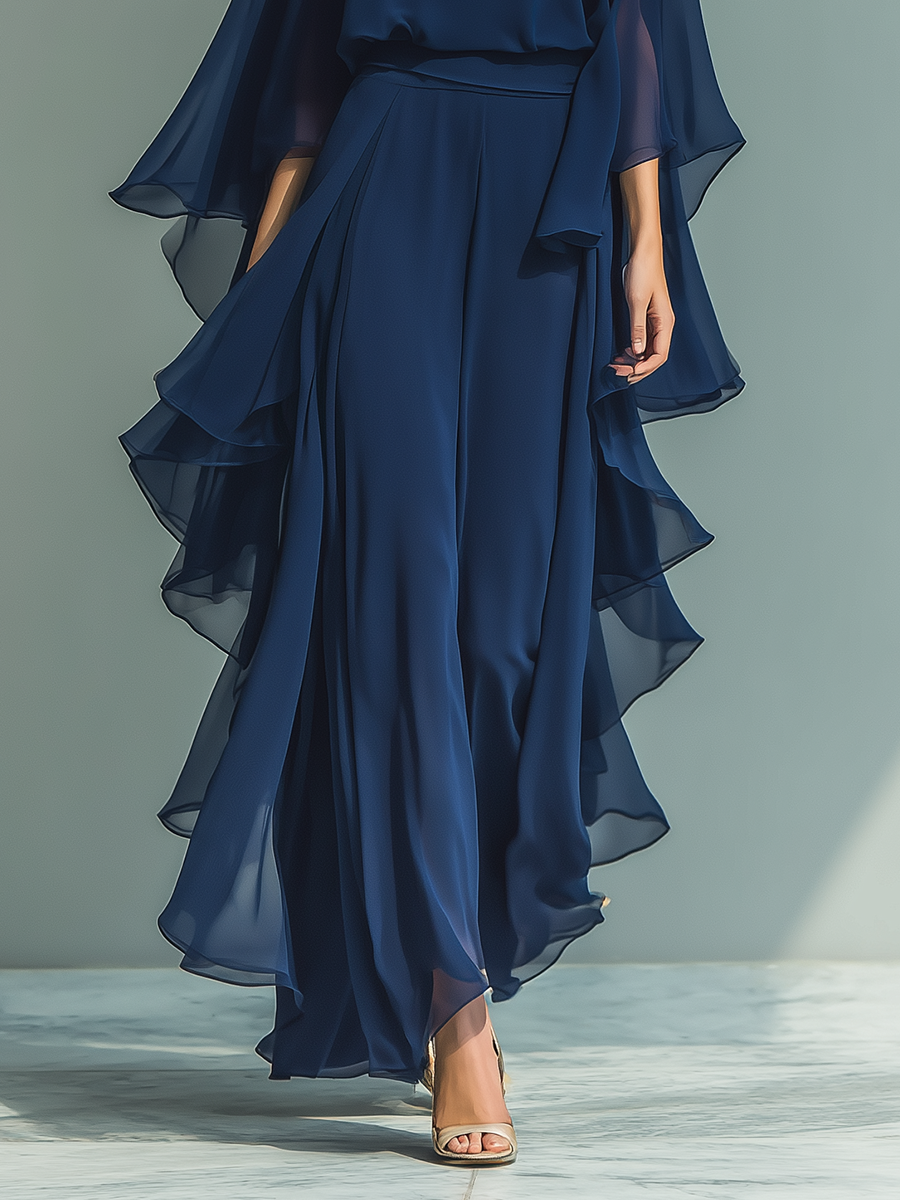 Navy Chiffon Bell-Sleeve Top & Straight-Leg Trouser Set