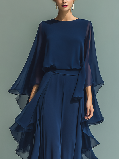 Navy Chiffon Bell-Sleeve Top & Straight-Leg Trouser Set
