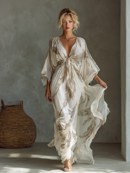 Ivory & Taupe Palm Print Chiffon Maxi Dress