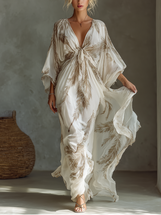 Ivory & Taupe Palm Print Chiffon Maxi Dress