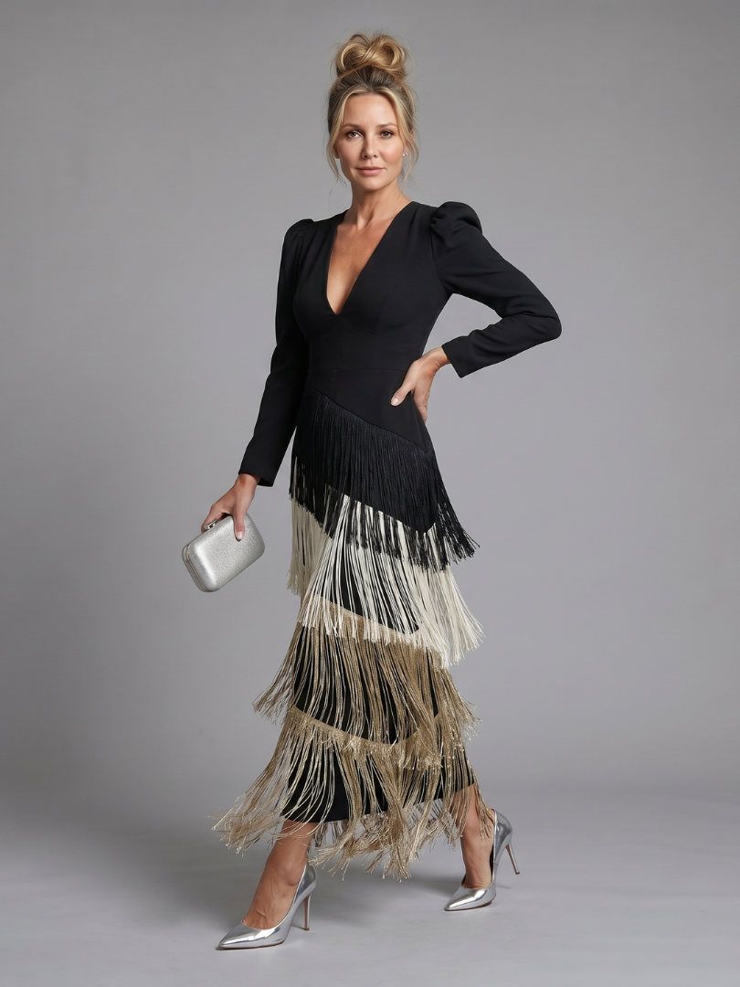 Fiona – Long Sleeve Fringe Skirt Midi Dress