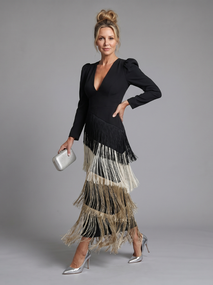 Fiona – Long Sleeve Fringe Skirt Midi Dress