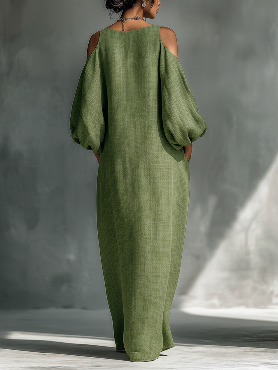 Light Green Off-Shoulder Maxi Dress with Puff Sleeves & Pockets